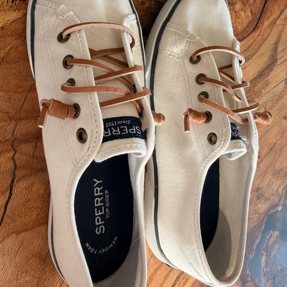 Sperry White Canvas Low-Top Sneakers with Tan Leather Laces - Picture 3 of 4